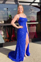 Abito lungo da sera Tiffany Blu con paillettes scintillanti e spacco SYP99