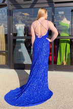 Abito lungo da sera Tiffany Blu con paillettes scintillanti e spacco SYP99