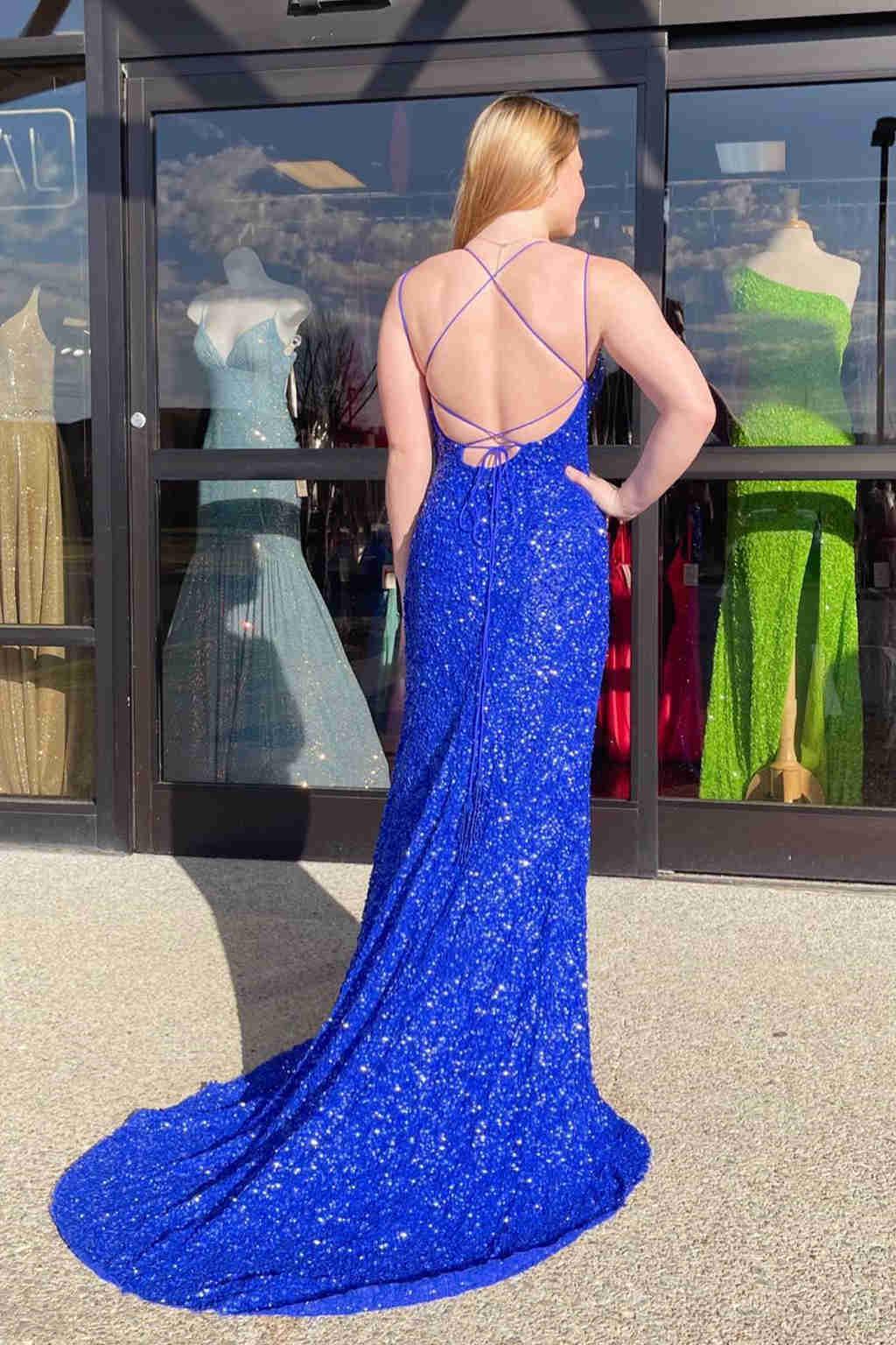 Abito lungo da sera Tiffany Blu con paillettes scintillanti e spacco SYP99