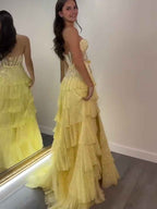 Sparkling Lilac Strapless Tiered Ruffle Corset Prom Dress With Slit