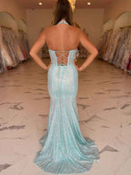 Light Blue Sparkle Crystal Halter Corset Mermaid Prom Dress