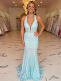 Light Blue Sparkle Crystal Halter Corset Mermaid Prom Dress
