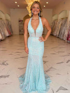 Light Blue Sparkle Crystal Halter Corset Mermaid Prom Dress