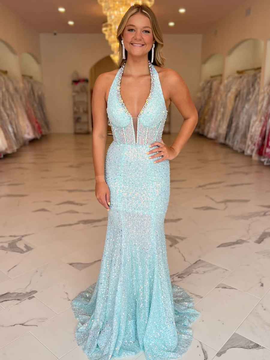 Light Blue Sparkle Crystal Halter Corset Mermaid Prom Dress