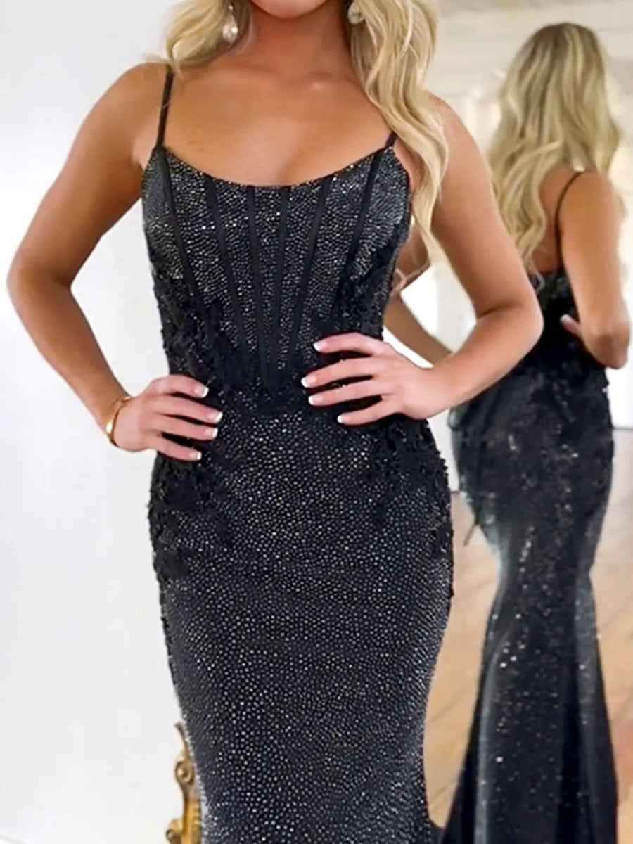 Sparkling Black Sequin Mermaid Prom Dress With Corset Bodice