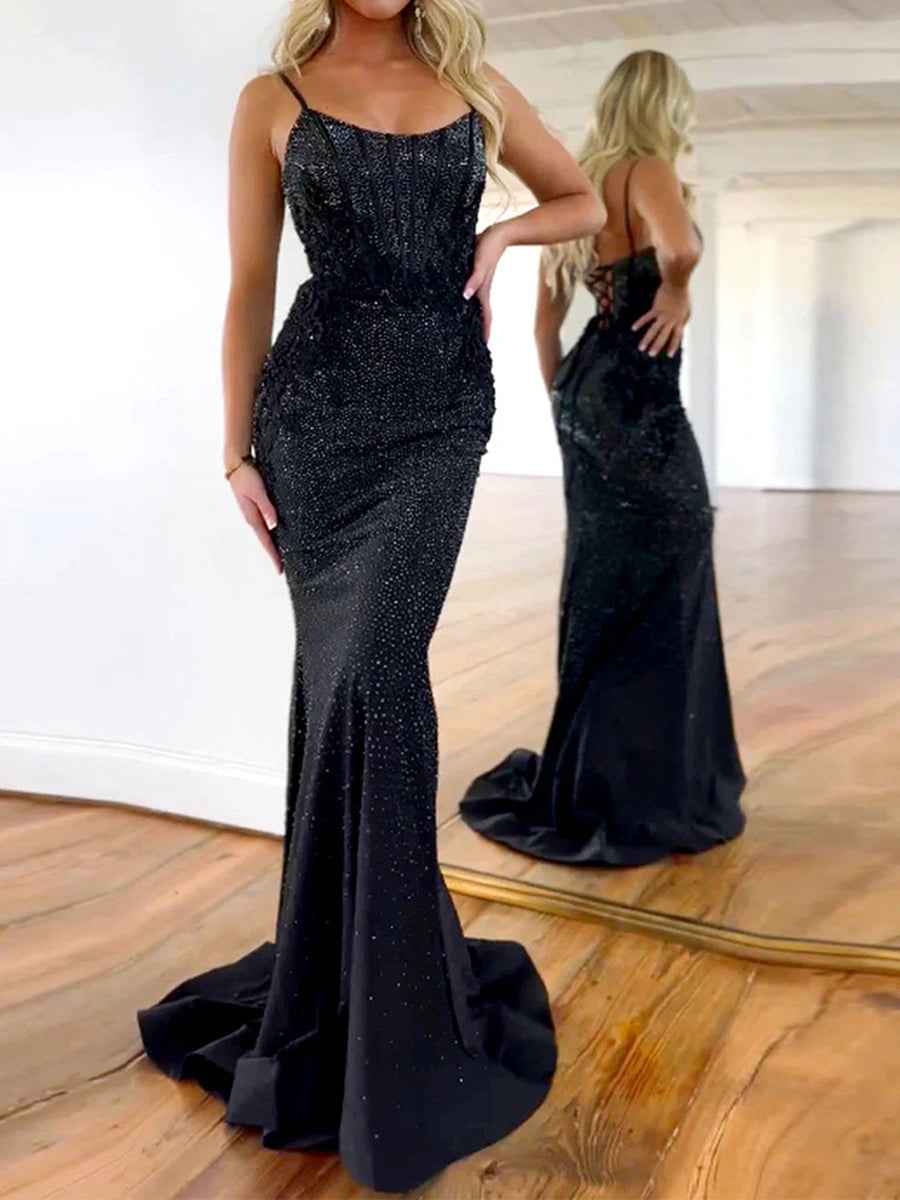 Sparkling Black Sequin Mermaid Prom Dress With Corset Bodice