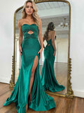 Sparkling Emerald Green Rhinestone Cutout Strapless Prom Dress With Slit