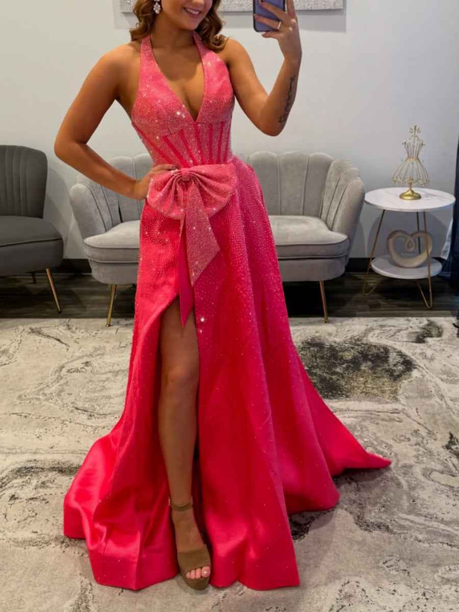 Light Blue Sparkly Corset Prom Dress With Deep V Neck