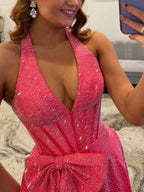 Light Blue Sparkly Corset Prom Dress With Deep V Neck