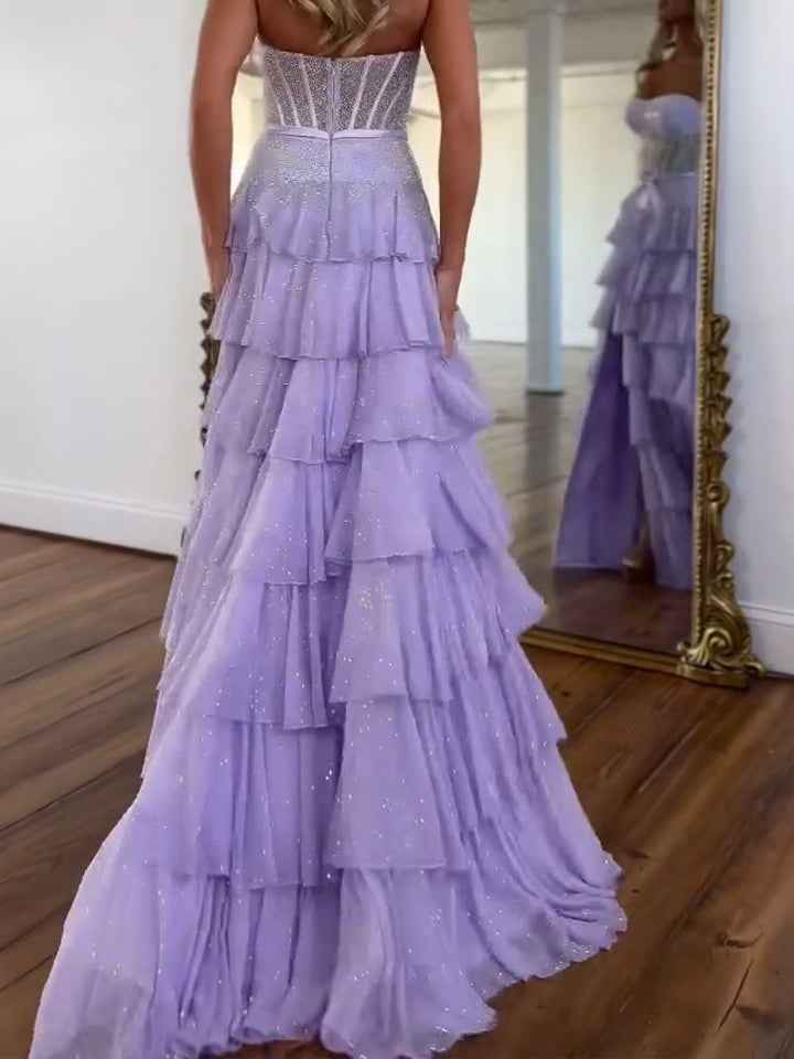 Sparkling Lilac Strapless Tiered Ruffle Corset Prom Dress With Slit