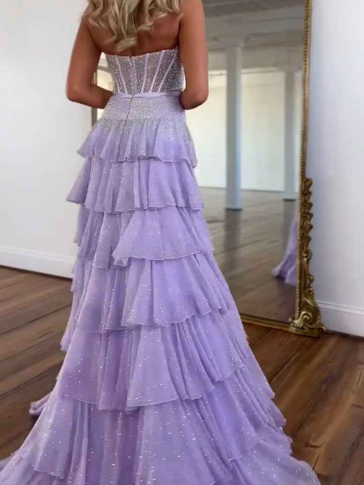 Sparkling Lilac Strapless Tiered Ruffle Corset Prom Dress With Slit