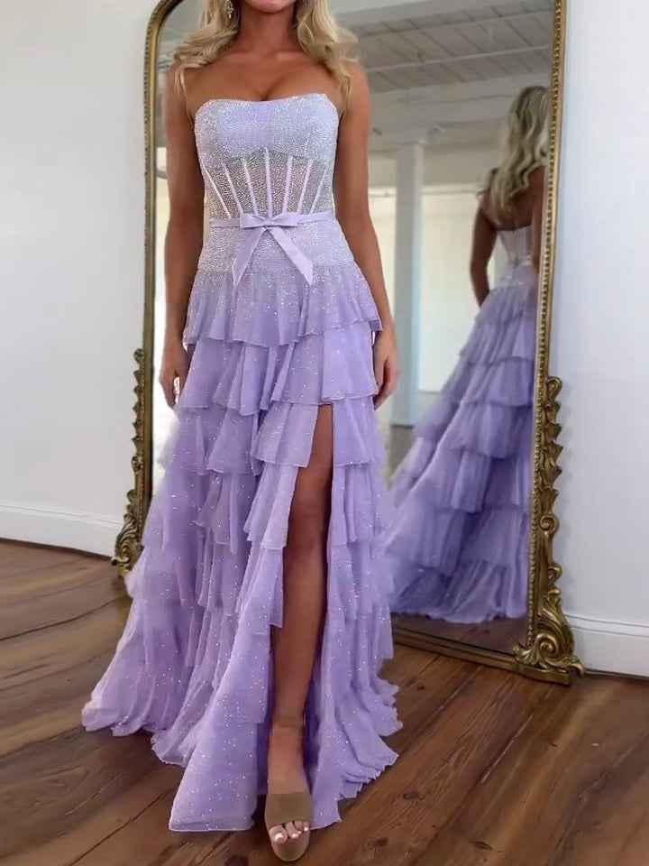 Sparkling Lilac Strapless Tiered Ruffle Corset Prom Dress With Slit