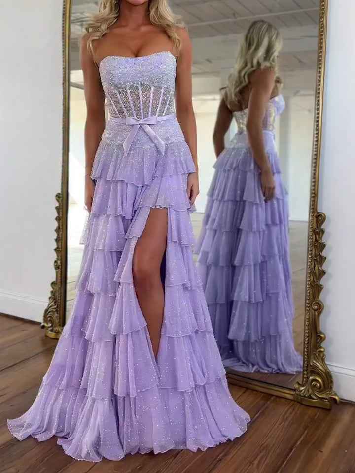 Sparkling Lilac Strapless Tiered Ruffle Corset Prom Dress With Slit