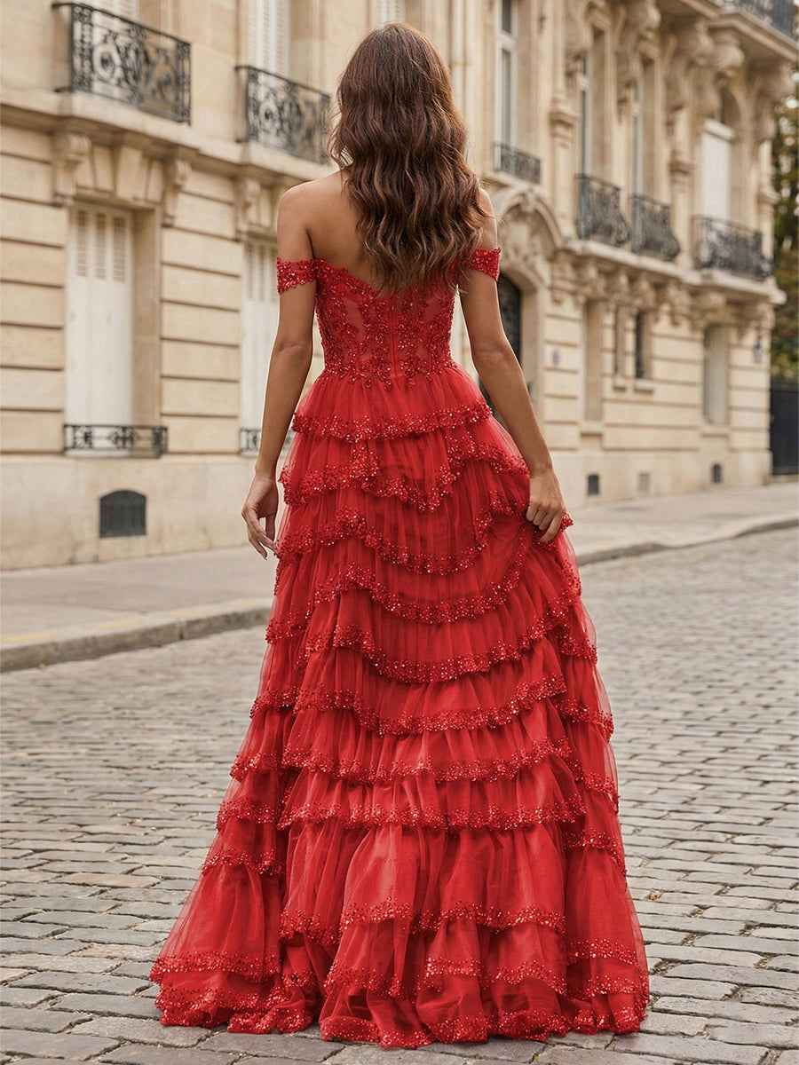 Sparkling Royal Blue Off Shoulder Tiered Ruffle Corset Prom Dress With Slit