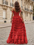 Sparkling Royal Blue Off Shoulder Tiered Ruffle Corset Prom Dress With Slit