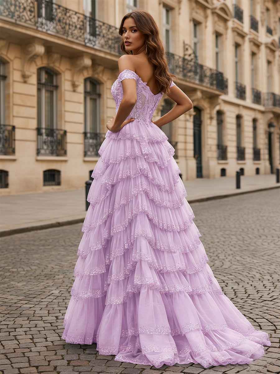 Sparkling Royal Blue Off Shoulder Tiered Ruffle Corset Prom Dress With Slit
