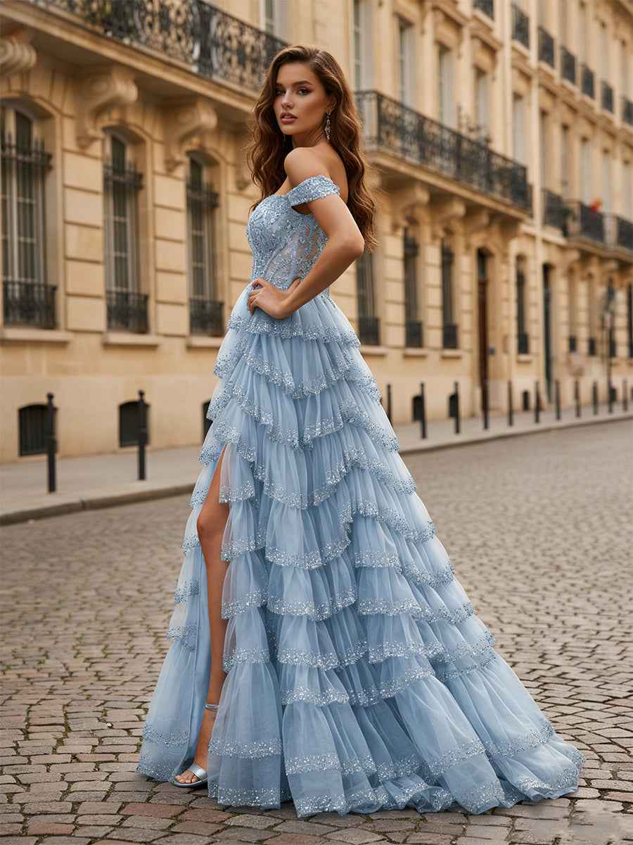 Sparkling Royal Blue Off Shoulder Tiered Ruffle Corset Prom Dress With Slit