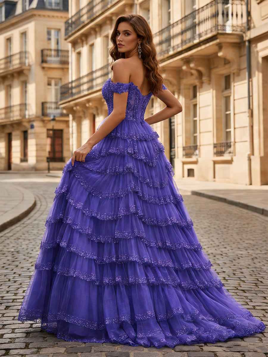 Sparkling Royal Blue Off Shoulder Tiered Ruffle Corset Prom Dress With Slit
