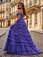 Sparkling Royal Blue Off Shoulder Tiered Ruffle Corset Prom Dress With Slit