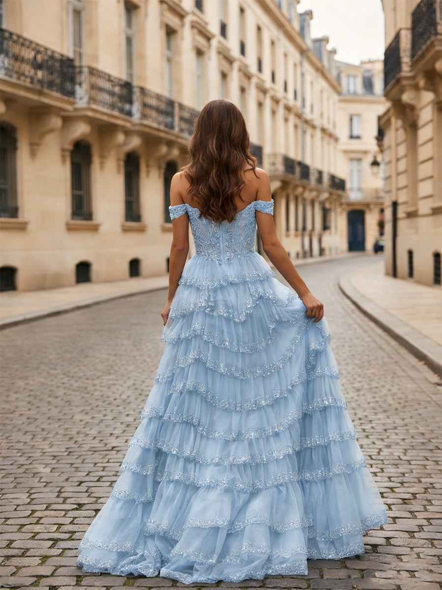 Sparkling Royal Blue Off Shoulder Tiered Ruffle Corset Prom Dress With Slit