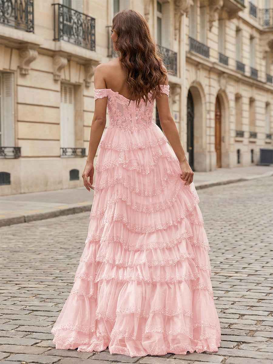 Sparkling Royal Blue Off Shoulder Tiered Ruffle Corset Prom Dress With Slit