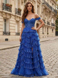 Sparkling Royal Blue Off Shoulder Tiered Ruffle Corset Prom Dress With Slit