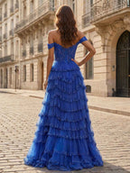 Sparkling Royal Blue Off Shoulder Tiered Ruffle Corset Prom Dress With Slit
