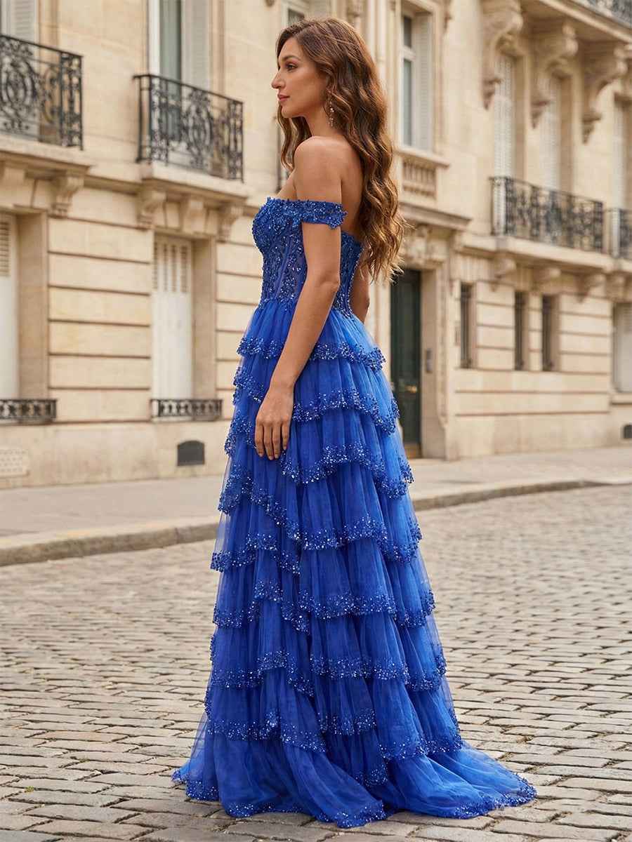 Sparkling Royal Blue Off Shoulder Tiered Ruffle Corset Prom Dress With Slit