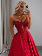 White Beaded Strapless Sweetheart Long Prom Dress With Bow And Corset Bodice