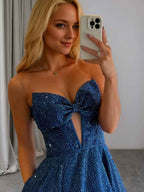 White Beaded Strapless Sweetheart Long Prom Dress With Bow And Corset Bodice