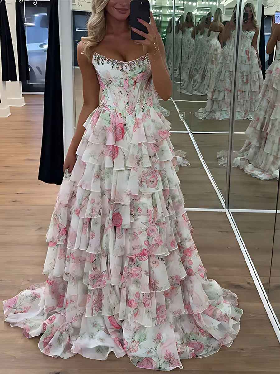 Turquoise Sparkly Floral Corset Prom Dress With Ruffles And Slit