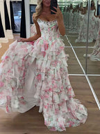 Turquoise Sparkly Floral Corset Prom Dress With Ruffles And Slit