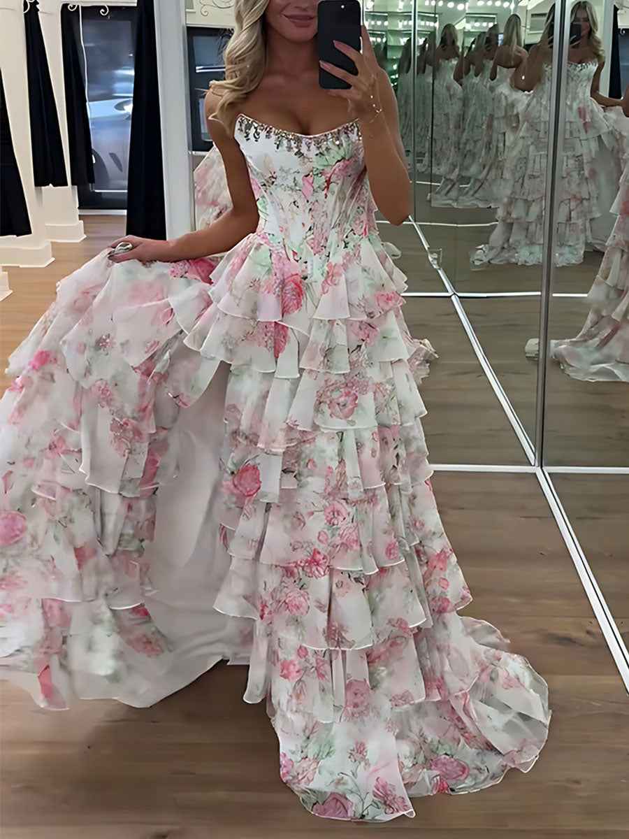 Turquoise Sparkly Floral Corset Prom Dress With Ruffles And Slit