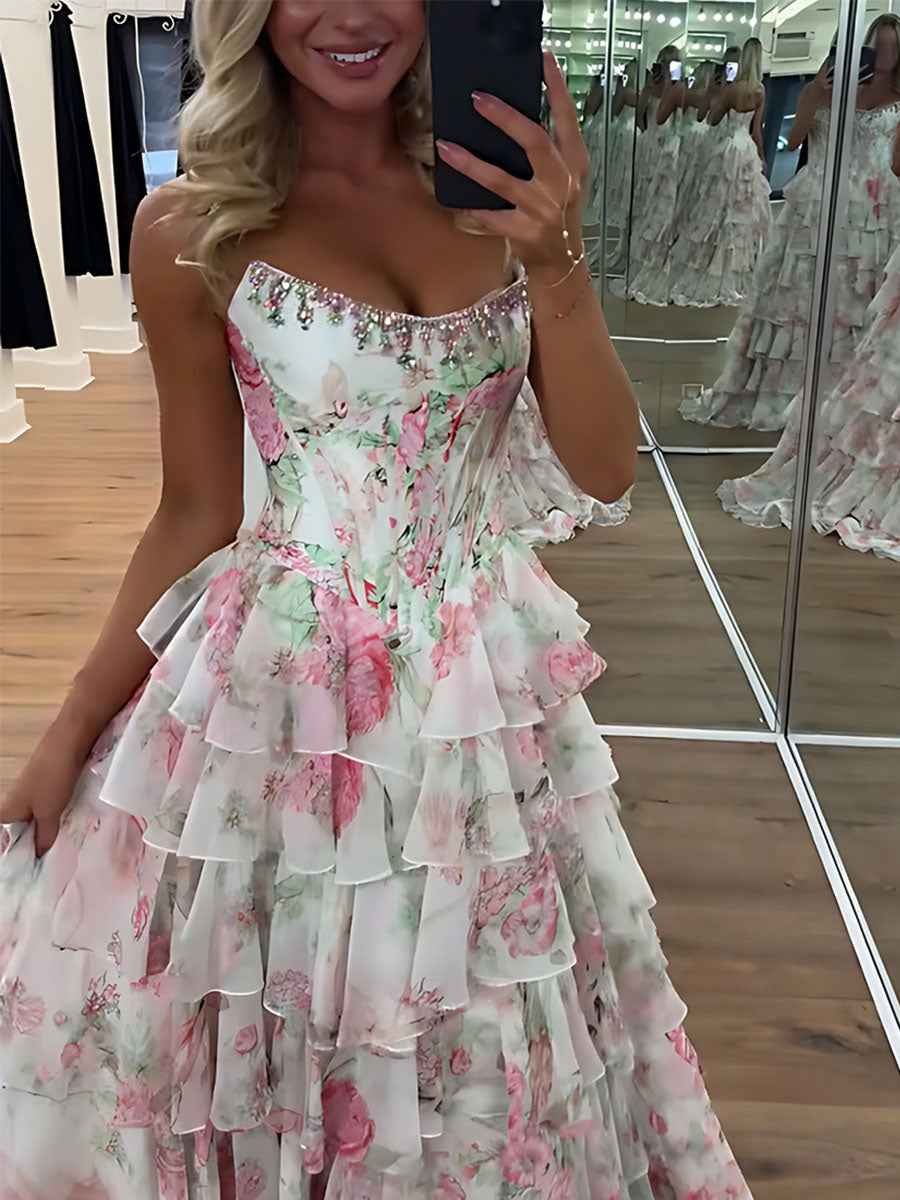 Turquoise Sparkly Floral Corset Prom Dress With Ruffles And Slit
