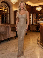 Champagne Crystal Mesh Square Neck Long Prom Dress With Sparkling Straps
