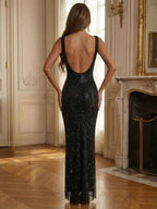 Champagne Crystal Mesh Square Neck Long Prom Dress With Sparkling Straps