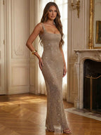 Champagne Crystal Mesh Square Neck Long Prom Dress With Sparkling Straps