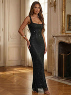 Champagne Crystal Mesh Square Neck Long Prom Dress With Sparkling Straps