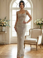 Champagne Crystal Mesh Square Neck Long Prom Dress With Sparkling Straps