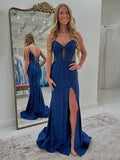 Sparkly Navy Blue Mermaid Prom Dress With Corset Bodice And Slit