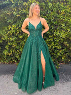 Sparkly Green A Line V Neck Lace Up Appliques Tulle Long Party Prom Dress