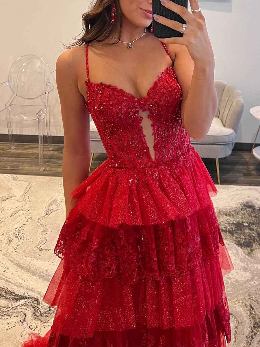 Hot Pink Tiered Prom Dress With Slit And Sparkling Floral Embroidery