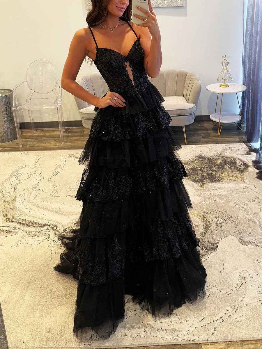 Hot Pink Tiered Prom Dress With Slit And Sparkling Floral Embroidery