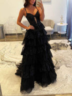 Hot Pink Tiered Prom Dress With Slit And Sparkling Floral Embroidery