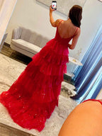 Hot Pink Tiered Prom Dress With Slit And Sparkling Floral Embroidery