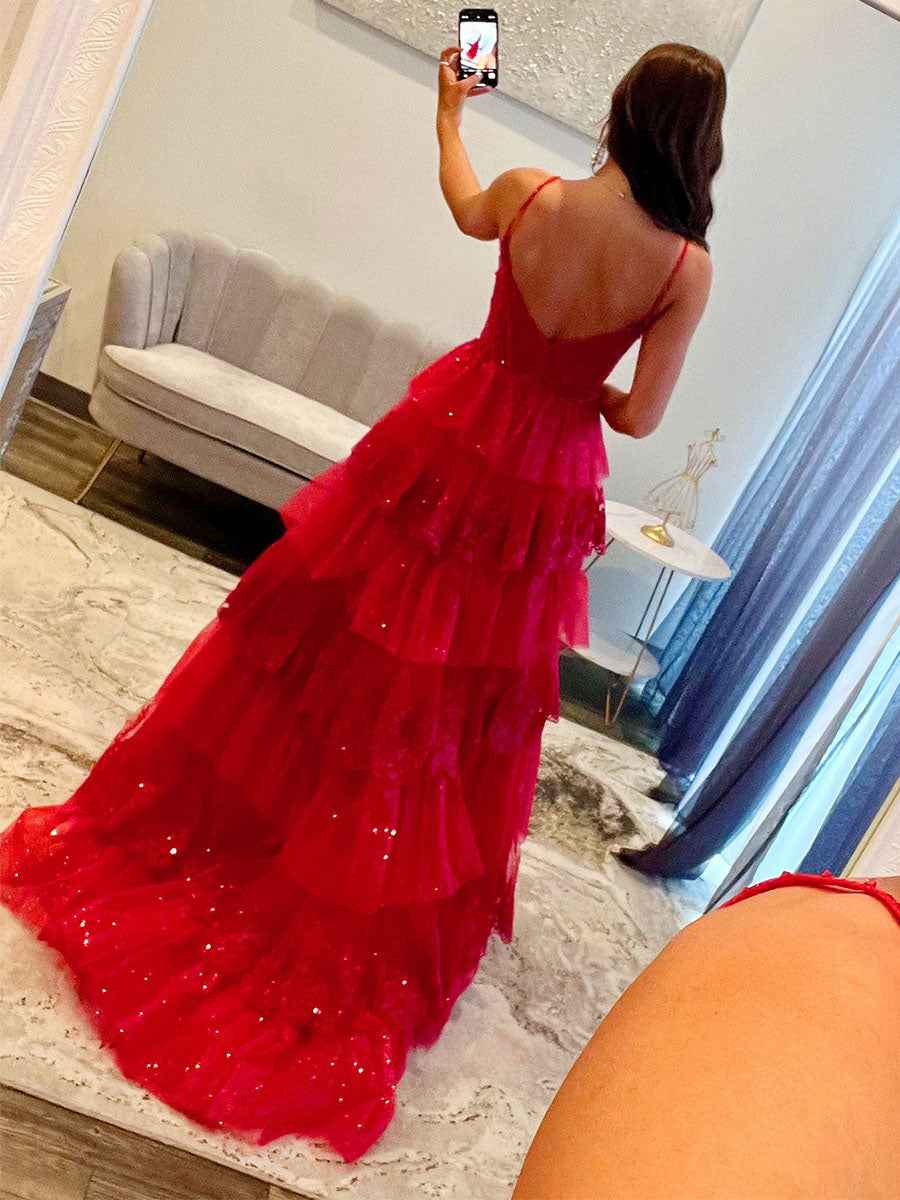 Hot Pink Tiered Prom Dress With Slit And Sparkling Floral Embroidery