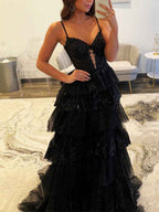 Hot Pink Tiered Prom Dress With Slit And Sparkling Floral Embroidery