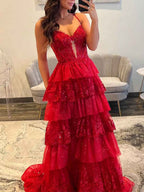 Hot Pink Tiered Prom Dress With Slit And Sparkling Floral Embroidery