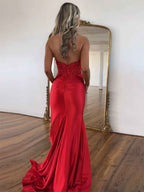 Fiery Red Halter Neck Satin Mermaid Prom Dress With Corset Bodice And Applique