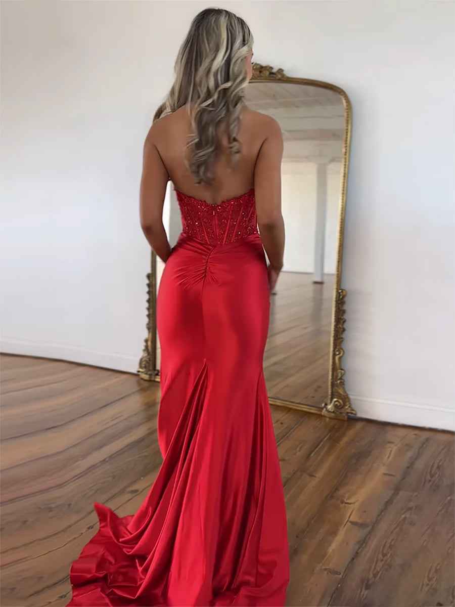 Fiery Red Halter Neck Satin Mermaid Prom Dress With Corset Bodice And Applique